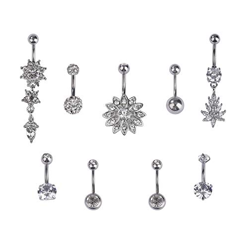 Belly Bar Button Rings Set Crystal Flower Dangle Navel Stainless Steel Titanium Ball Double Gem Piercing Jewelry 9 Pack Silver