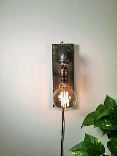 Industrial Steampunk wall sconce pipe lamp with globe Edison bulb and weathered wood base