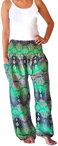 Ahh pants Women's Comfy Boho/Jumpsuit Harem Pants Print Rayon Fabric One Size Green