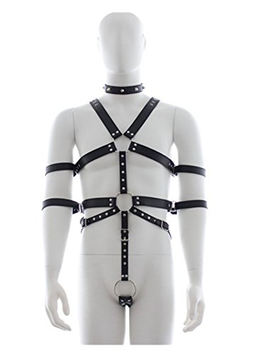 mywaxberry black leather body harness slave bondage bdsm sexy male men handcuffs lingerie suit