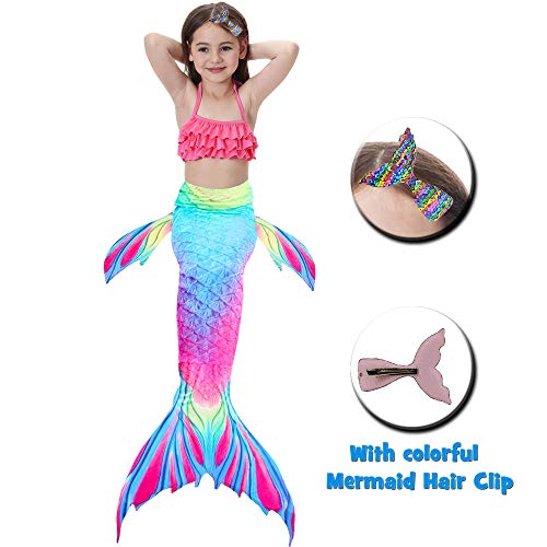 Danvren 3Pcs Mermaid Tails for Girls Swimming Swimsuit Party Supplies Costume Swimwear Bikini for 3-12Y (Colored Pudding Design, Child XL Height 51-54in (8-10Y))