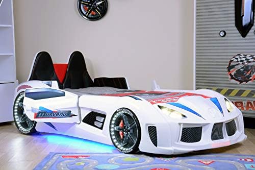 WonderSleep LED Lights Car Kids Bed with a Mattress and Set of Sheets White
