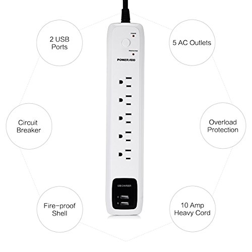 POWERADD Wall Mountable 5-Outlet Surge Protector Power Strip 6ft Cord with Dual Smart USB Ports for Home Office Dorm