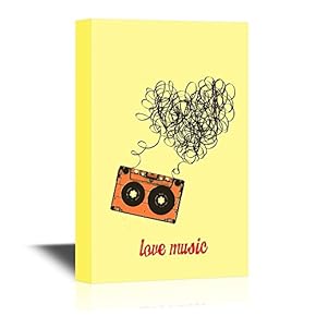 Music Canvas Wall Art - Vintage Audiocassette with Heart Shaped Messy Tape - Gallery Wrap Modern Home Art | Ready to Hang - 12x18 inches