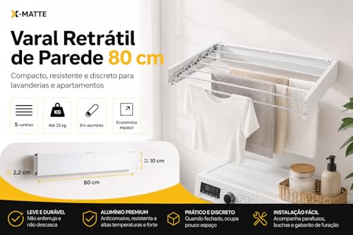 Varal Retrátil De Parede Magico Secreto Recolhível Resistente Em Alumínio Reforçado Para Lavanderia Apartamento e Economiza Espaço Invisivel Dobrável 80cm Com 5 Varetas X-MATTE (BRANCO)