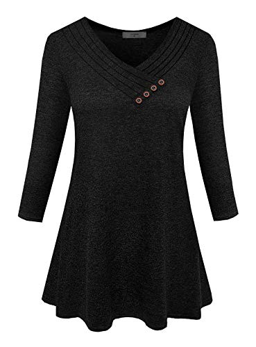 Luranee Petite Tops for Women, Ladies Church Tunic Shirts 3/4 Sleeve Pullover Nice V Neck Work Blouses Embelished Buttons Cotton Fall Clothes Black Medium