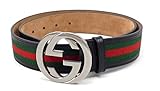 100% Authentic GG Silver Buckle Gucci Black leather belt Green/Red/Green