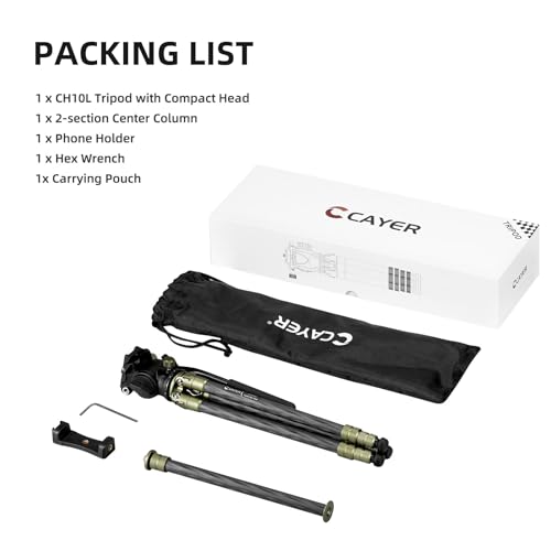 Cayer CH10L Carbon Fiber Tripod with Mini Fluid Head S1, 28" Compact Desktop Tripod for Mirrorless Cameras Camcorder Mobile Phone Webcam