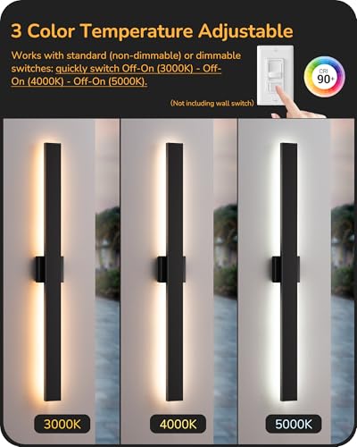 EDISHINE 2 Pack Modern Outdoor Wall Lights, 39.3" Dimmable Led Outdoor Wall Sconce, 3CCT, Iron & PC Material, 28W Waterproof Exterior Lighting Fixtures, for Front Door, Backyard, Stair, Black