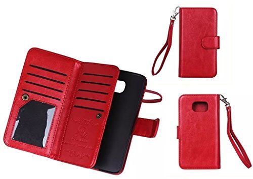 (Case for Samsung Galaxy S6/SM-G920i) Bon Venu Versatile Business Wallet Purse style SyntheticÂ£Â¨Faux)leather material Crazy Horse series Pu Back Cover Magnetic detachable removable Case 2 Kickstands Wallet 9 Cards Slot and Wallet cards Slot with Dark cell Pouch Multi-function Wallet Phone Case for Samsung Galaxy S6/SM-G920i+Screen Protector (Red)