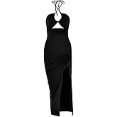 Women Sexy Ruched High Split Bodycon Maxi Dress Sleeveless Hollow Out Halter Party Cocktail Long Dress