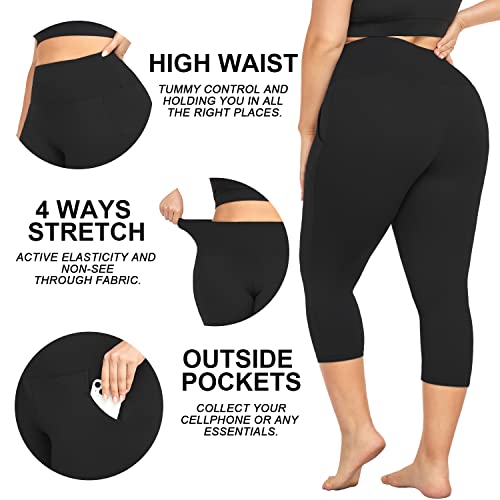 yeuG Women's Plus Size Capri Leggings with Pockets2 Pack High Waist