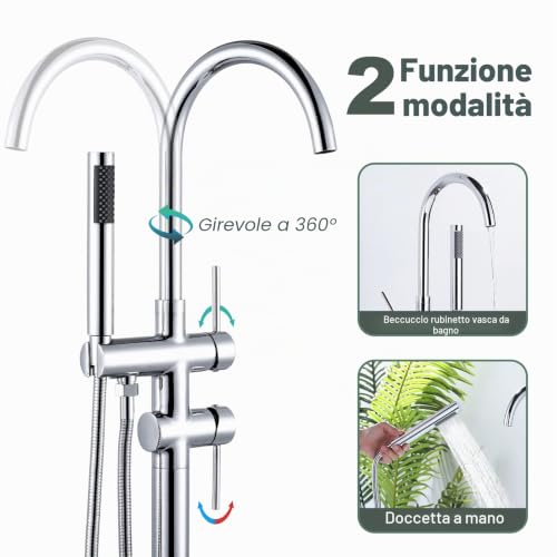 ARCORA Floor Bathtub Tap, Freestanding Bathtub Mixer, Pillar Bathtub Tap with Hand Shower, 360° Swivel, Copper and Stainless Steel, Ceramic Cartridge, Chrome