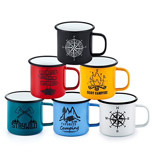 Homikit Emaille Tasse 6er-Set, 16 Unze Mehrweg Kaffeebecher Trinkbecher Teetasse, Porzellan Blau/WeiÃ/Schwarz/Rot/Gelb/Grün Camping Becher für Daheim, Büro, Camping & Tragbr