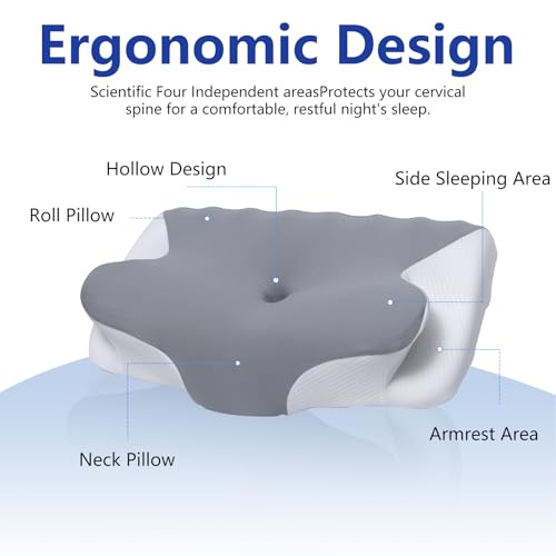 vicihoho Ergonomic Cervical Pillow, Neck and Shoulder Pillow, Suitable for Different Sleeping Postures, Size: 60 x 41 x 9/12 cm (Light Grey)