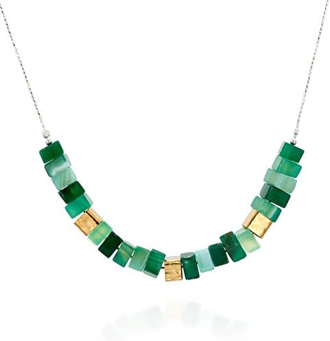 Green Agate Square Bead Necklace 925 Sterling Silver & 14k Gold Plated Women's Jewelry, 18" + 4" Extender