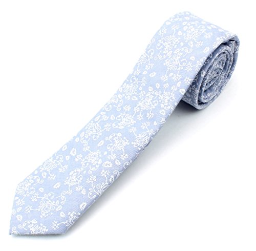 Men's Cotton Skinny Necktie Tie White Leaf and Flower Pattern - Grey