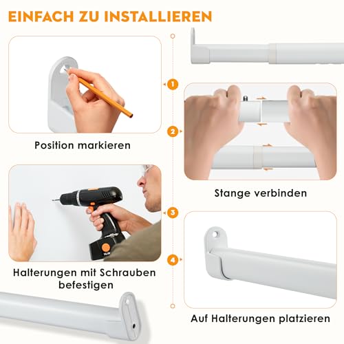 Clothes Rail for Wardrobe, White, Oval, 25 mm, Extendable Wall with 2 Brackets, for Wardrobe, Window, 43-101 cm