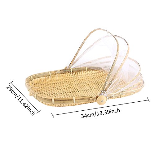 Hand-Woven Bug- proof Basket Dustproof Sun Basket Handmade Fruit Vegetable Bread Cover Picnic Basket with Gauze Ksruee