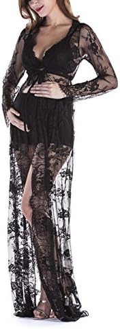 Yomoko Sexy Deep V-Neck Long Sleeve Lace Beach Dress See-through Maxi Dress… (X-Large, Black with long Sleeve)