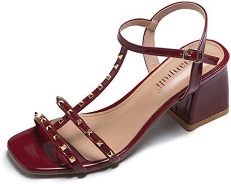 Mashiaoyi Women's Peep-Toe T-Bar Ankle-Strap Buckle Rivet Heeled Sandals