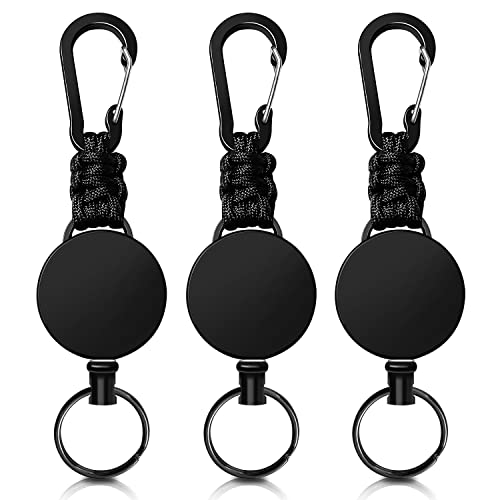 Retractable Key Fob, 3 Pieces, Key Ring, Lanyard, Extendable ID Card Yo-Yo with 60 cm Steel Wire Cord, Pass Holder, with Carabiner, Black, Black, Black