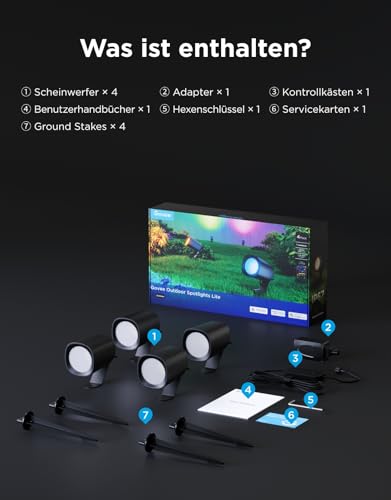 Govee Outdoor LED Spotlight Lite, IP67 Plastic Garden Lighting, RGBWIC Spotlight Outdoor for Path, Dimbar 350lm with 64 Modes and 16 Million Colours, Works with Google Assistant, Matte. Pack of 4 | IP67, RGBWIC Strahler Außen für den Pfad, 16 Mio Farben Anpassbare Helligkeit und Farbtemperatur, 64 Modi, Smart-Integration