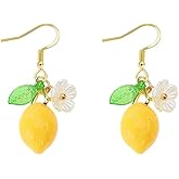 Dainty Yellow Lemon Flower Glass Leaf Teardrop Tassel Dangle Earrings for Women Cute Lovely Sterling Silver Post Gold Plated White Shell Froal Fruit Dangling Earrings Lightweight Hypoallergenic Jewelry