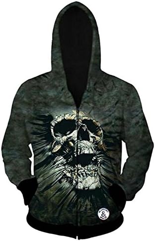 buybuybuysell Men 3D Digital Skull Print Zip Up Hoodie Casual Pockets Pullover Hooded Jackets Sweashirt