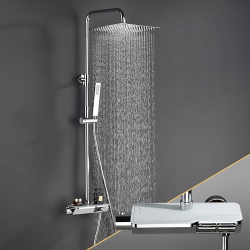 Görbach Edelstahl Duschset Regendusche Duschsystem mit Thermostat Mischbatterie, Verstellbarer Duschstange, Kopfbrause 30x30 cm Chrom