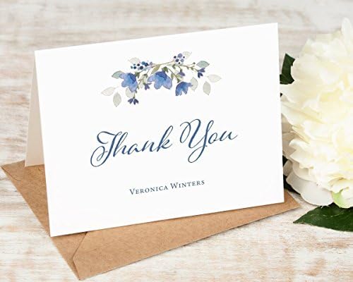 BLUE BUNCHES THANK YOU - Personalized Flat Stationery Set - Blue Floral Women's Note Cards, Personalised Watercolor Painted Stationary, Notecards