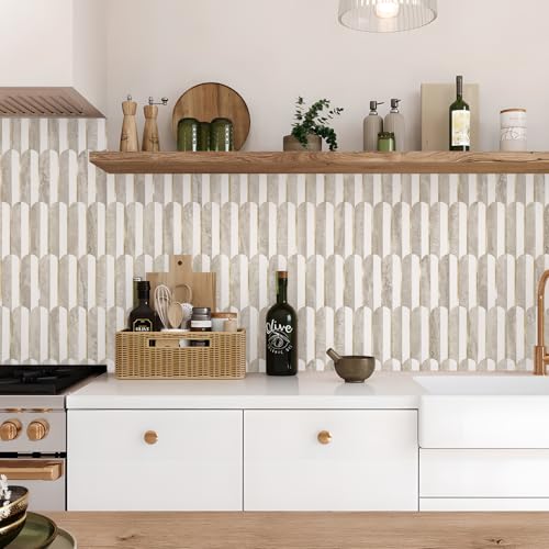 Vamos Peel and Stick Backsplash Seamless Tile for Kitchen and Bathroom,White and Beige Slate PVC Mixed Light Gold Self Adhesive Fish Scale Metal Mosaic Tiles (10 Sheets)