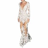 White Long Sleeve Deep V-Neck Floral Lace Mesh Sexy Night Ball Gown Maxi Dress
