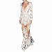 White Long Sleeve Deep V-Neck Floral Lace Mesh Sexy Night Ball Gown Maxi Dress