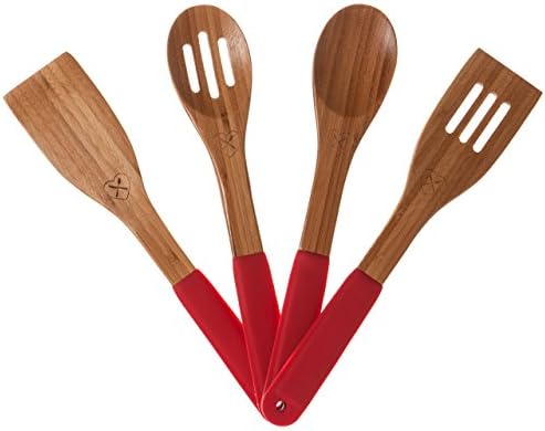 The Kitchen Love Bamboo Utensil Set, Eco-friendly, Naturally Germ-resistant with Hanging Storage Holes and Colorful Silicone Ergonomic Handles (Red)