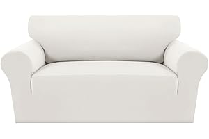 MeilleMaison 2023 New Version Couch Cover Stretch Loveseat 1 Piece Sofa Slipcover Washable Furniture Protector for Pets Non Slip with Elastic Bottom (Loveseat, Ivory) (MMCNNSLT2201)
