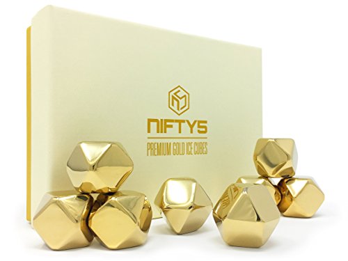 NIFTY5 Premium Gold Ice Cubes, Whiskey Stones Set of 8 Stainless Steel Diamond Shaped Reusable Chilling Rock Stones Gold Edition Gift Set including Silicone Tip Tongs and Storage Tray