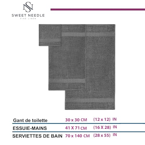 Sweet Needle Set of 6 Towels - 2 Bath Towels, 2 Hand Towels and 2 Washcloths Cotton Daily Use, Hotel Quality, Soft, Highly Absorbent, Quick Dry, Lightweight (Charcoal)