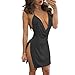 VANCOL Women's Sexy Deep V-Neck Halter Backless Slit Mini Party Club Dress (M, Black)