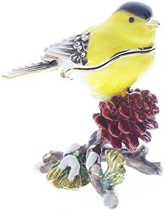 Sparrow on Branch Trinket Box, Swarovski Crystal, Hand Painted Brown, Black &amp; White Enamel Over Pewter, Inside Of Box with Lovely Enamel, L 3.00 x H 3.00 x W 2.00