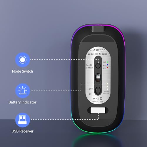 Uiosmuph Wireless Mouse, Rechargeable Bluetooth Mouse Portable Silent Mouse (800-1200-1600DPI) for Tablet/Laptop/Windows/Android Black