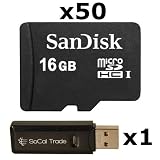 50 PACK - SanDisk 16GB MicroSD HC Memory Card SDSDQAB-016G (Bulk Packaging) LOT OF 50 with SoCal Trade USB 2.0 MicoSD & SD Memory Card Reader