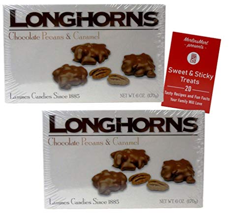 Lammes Candies Gourmet Caramel Chocolate Pecan Gift Box | Longhorns Chewy Milk Chocolate Covered Caramel Clusters (2 pack- 6 ounces each) Plus Recipe Booklet Bundle