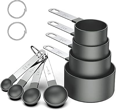 Juego de 8 tazas y cucharas medidoras, cucharas medidoras apilables negras para medir ingredientes secos y líquidos, cucharadita pequeña con cabeza de plástico