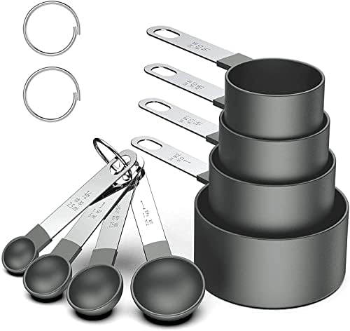 Juego de 8 tazas y cucharas medidoras, cucharas medidoras apilables negras para medir ingredientes secos y líquidos, cucharadita pequeña con cabeza de plástico