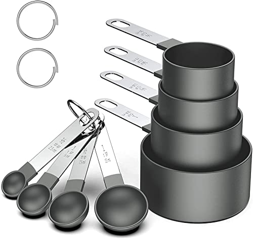 Juego de 8 tazas y cucharas medidoras, cucharas medidoras apilables negras para medir ingredientes secos y líquidos, cucharadita pequeña con cabeza de plástico