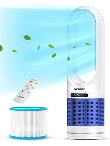 Acoolir Tower Fan, 32 Inch Bladeless Fan and Air Purifier in one, True HEPA Filter for 99.7% Smoke Dust Dander, Oscillating Fan with Remote Control for Bedroom, Baby Room, Living Room, Office