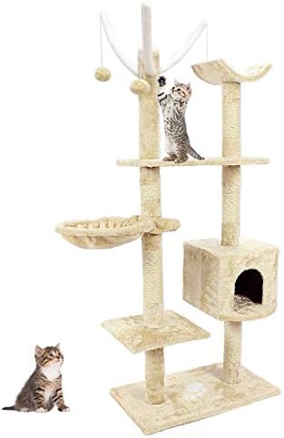 Blackpoolaluk Multi Cat Tree Stable Cat Scratch Posts Function Cat Climbing Tower Toys with Cat Home for Indoor/Outdoor Cats Activity (150cm（Yellow&Beige）)