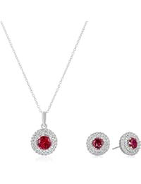.925 Sterling Silver & Round Gemstone 18" Pendant Necklace and Stud Earrings Set with Created White Sapphire Double Halo Styling - Choice of Birthstones