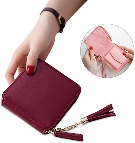 Square Wallet for Women, Pershoo Bifold Clutch Purse Mini Wallet, Business Card Slot ID Card Case Travel Wallet Zipper Round Pocket Ladies Cash Storage with [Tassel] + [Gift Bag] - Wine Red